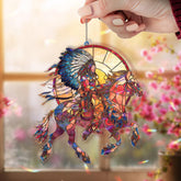 Native Warrior Horse Acrylic Suncatcher, Stained Glass Style Rider with Feather Headdress, Tribal Western Window Hanging Rustic Decor